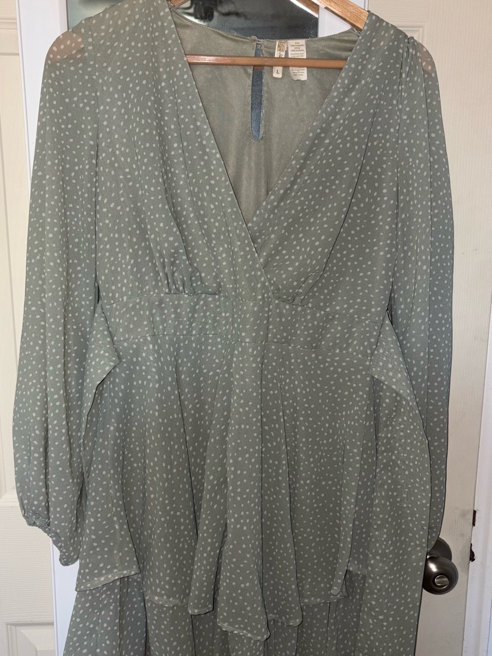 Japna Sage Green V-Neck Long Sleeve Tunic with White Dot Print